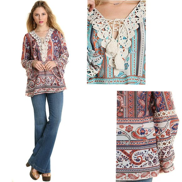 Umgee Crinkle Brocade Long Sleeve Blouse